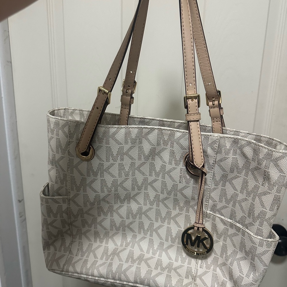 Michael Kors Cream and Tan MK Signature Tote